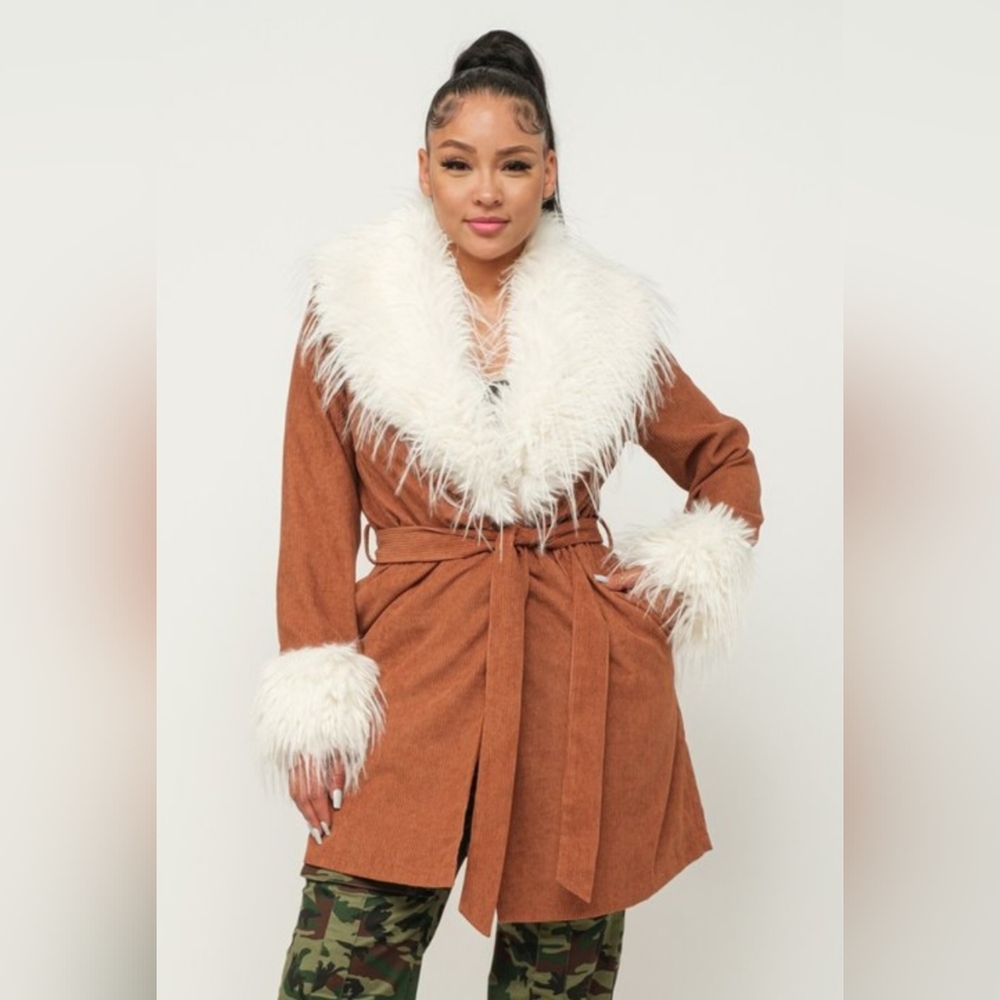 Faux Fur Trim Corduroy Coat with Belt